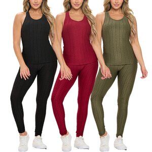 3-Pack Sleeveless Honeycomb Tank & Pants Workout Set - BLACK, BURGUNDY & OLIVE